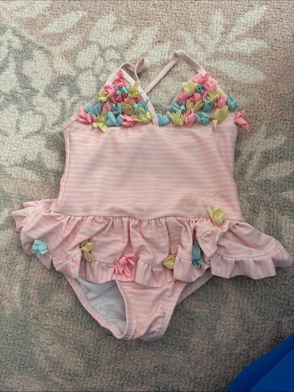 Little Me Pink Striped Ruffle One-Piece with Pastel Floral Bows
